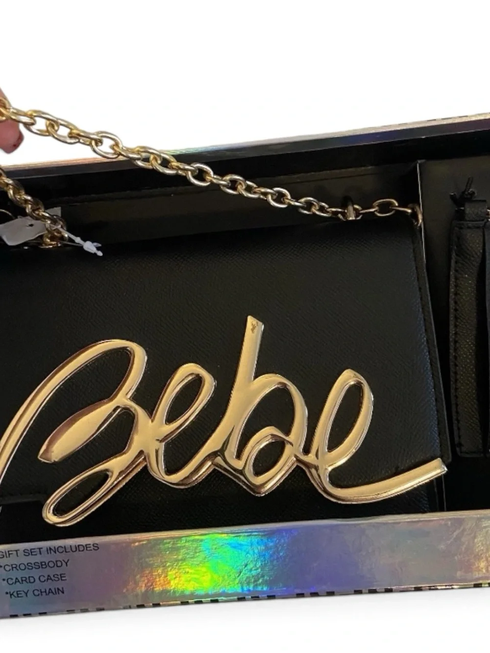 New BEBE Natalie Crossbody Purse Bag Wristlet Key Chain Y2K Black Gift Set $149